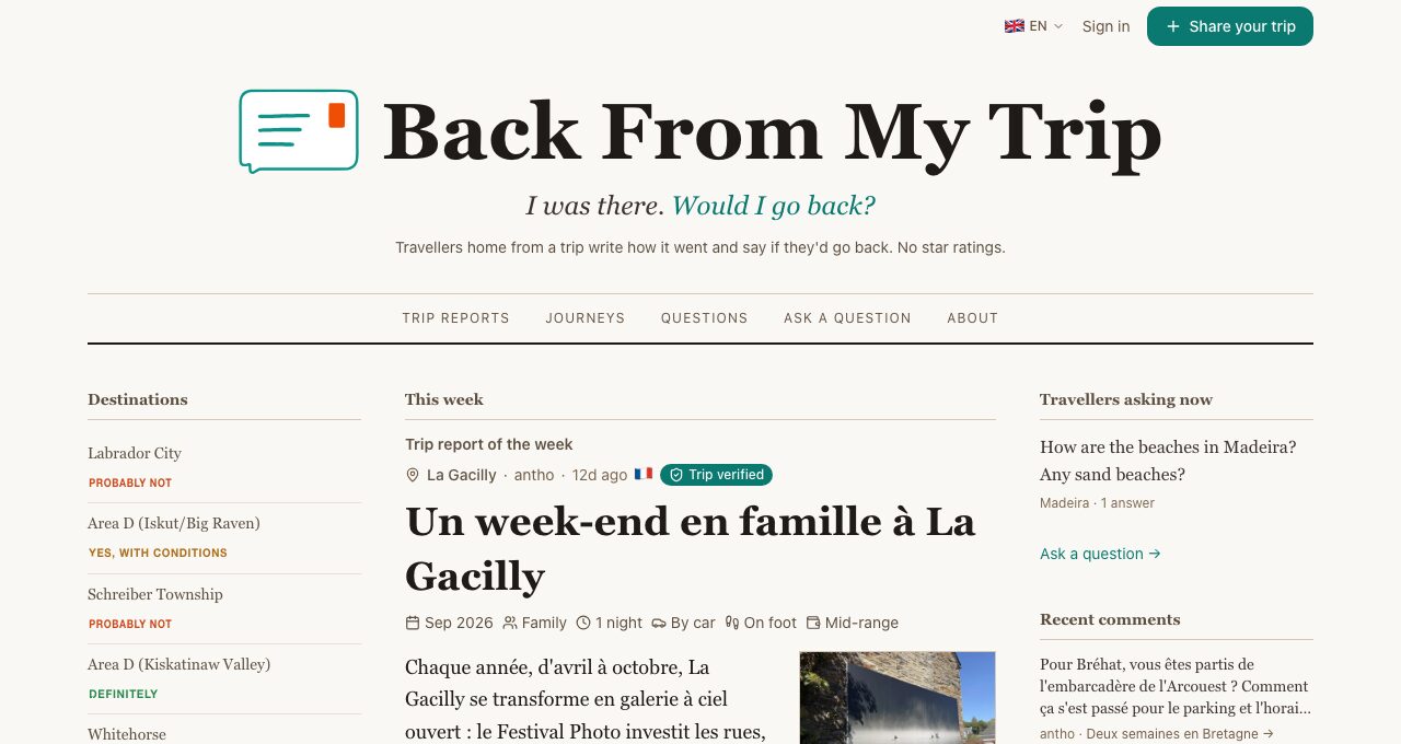 The Back From My Trip home page: the trip report of the week, its verdict and its verified badge