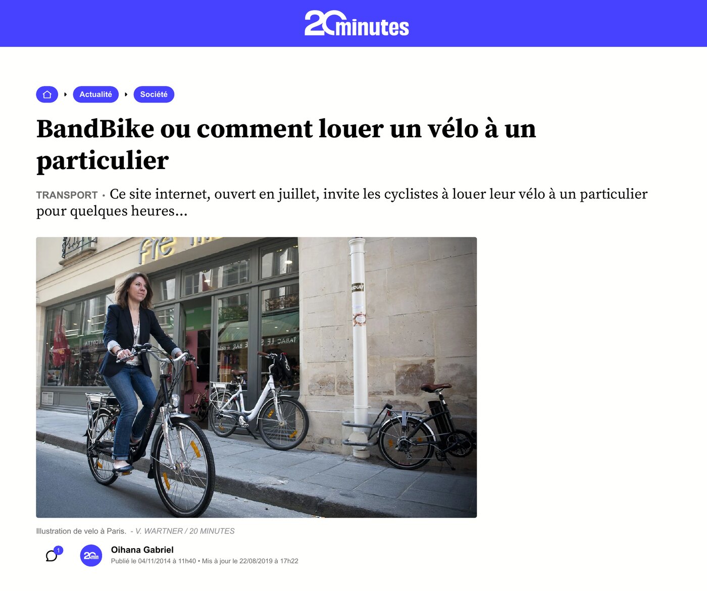 20 Minutes, 4 November 2014: BandBike ou comment louer un vélo à un particulier